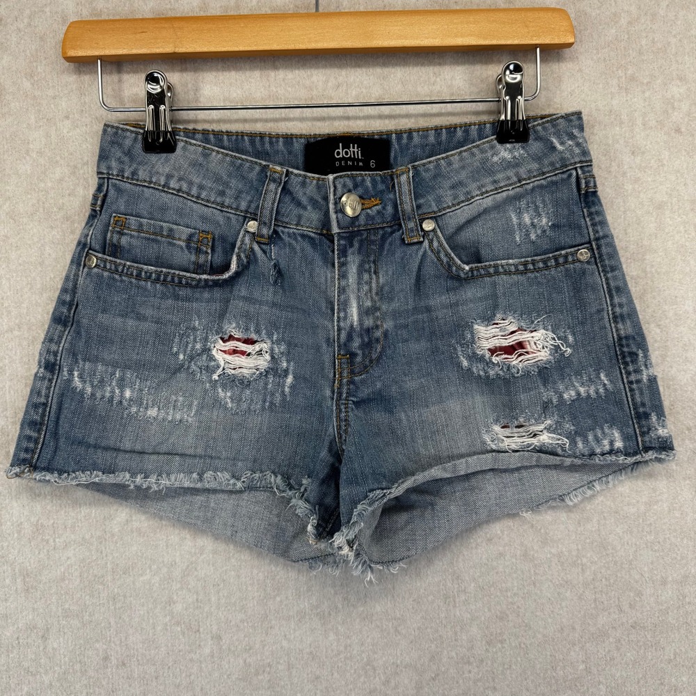 Dotti Denim Women Size 6 Blue Distressed Jean Shorts Pink Plaid Lining
